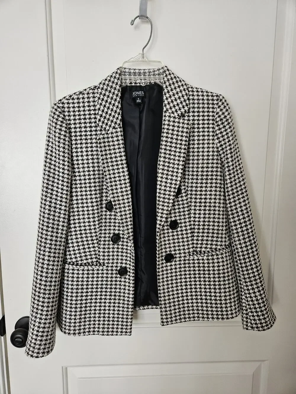 Women Jones New York S Double Breasted Tweed Blazer Jacket Sz Small Black White